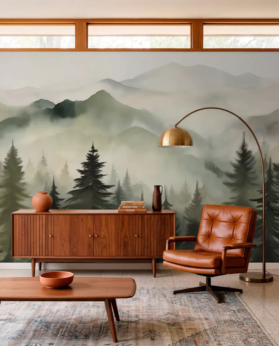 wall murals Mountain landscape with a forest of pine trees and layered mountains during dawn with light fog watercolor imitation art w08639