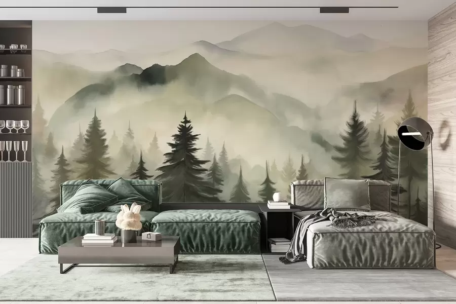 wall murals Mountain landscape with a forest of pine trees and layered mountains during dawn with light fog watercolor imitation art w08639