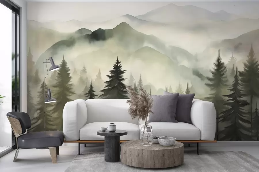 wall murals Mountain landscape with a forest of pine trees and layered mountains during dawn with light fog watercolor imitation art w08639