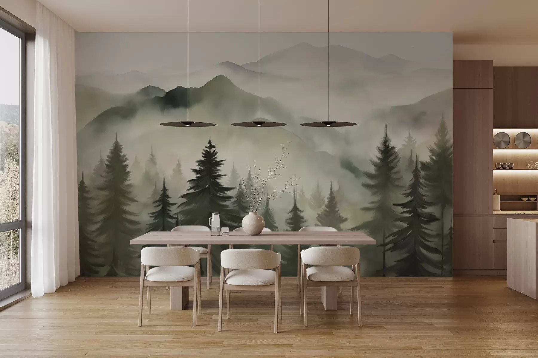 wall murals Mountain landscape with a forest of pine trees and layered mountains during dawn with light fog watercolor imitation art w08639