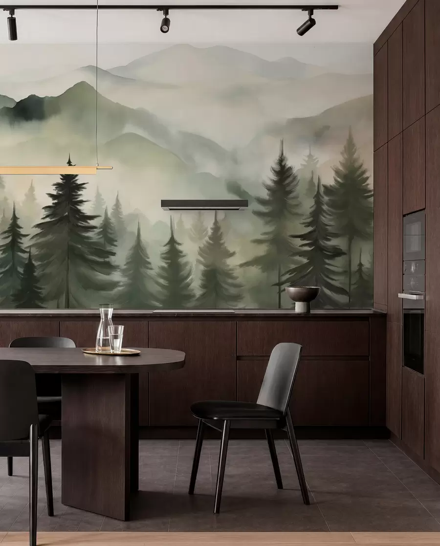 wall murals Mountain landscape with a forest of pine trees and layered mountains during dawn with light fog watercolor imitation art w08639