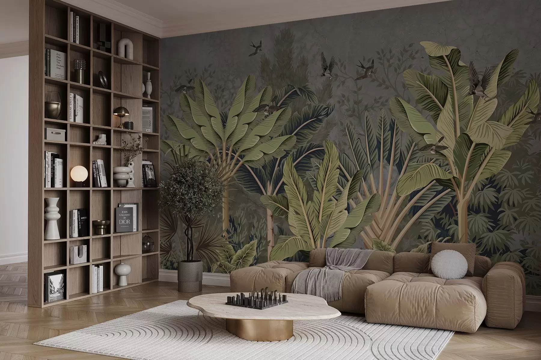 wall murals Tropical jungle with large leaves, palm fronds, and colorful foliage in the foreground against a textured background w08641