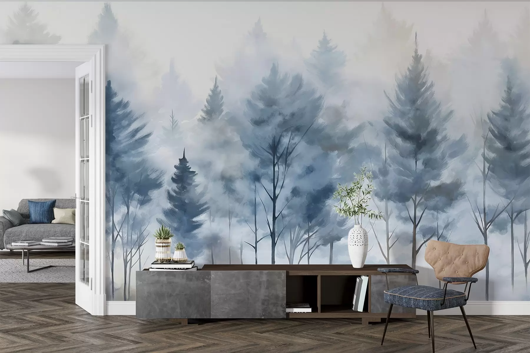 wall murals A misty forest landscape with tall pine trees and bare deciduous trees in the foreground watercolor imitation art w08643