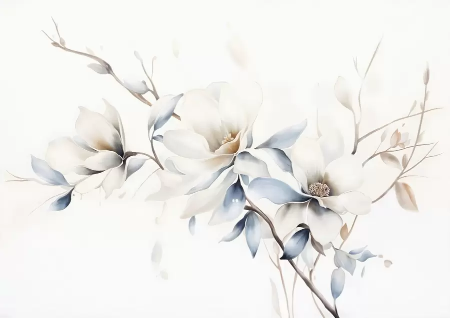 wall murals Delicate white magnolia flowers with soft blue petals against a light background watercolor imitation minimalism w08644