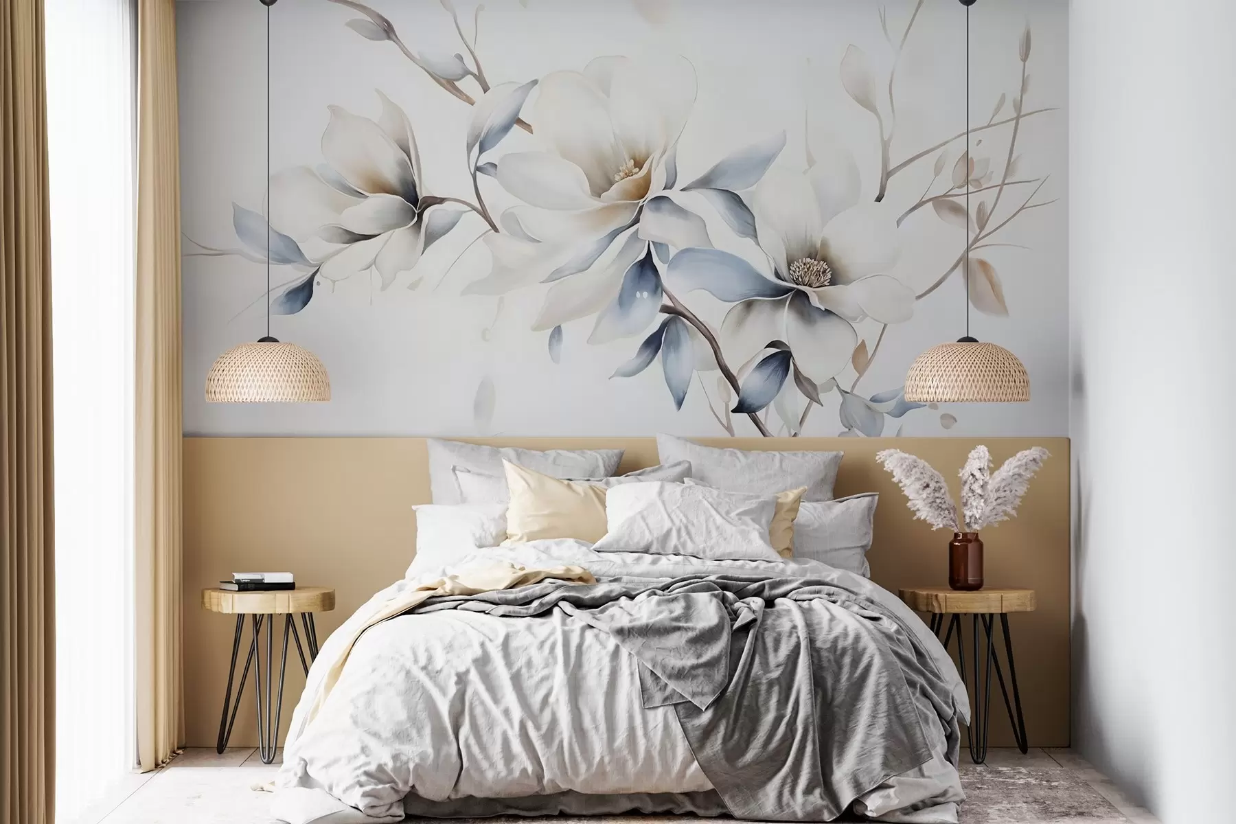 wall murals Delicate white magnolia flowers with soft blue petals against a light background watercolor imitation minimalism w08644