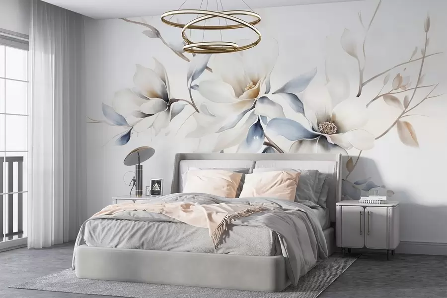 wall murals Delicate white magnolia flowers with soft blue petals against a light background watercolor imitation minimalism w08644