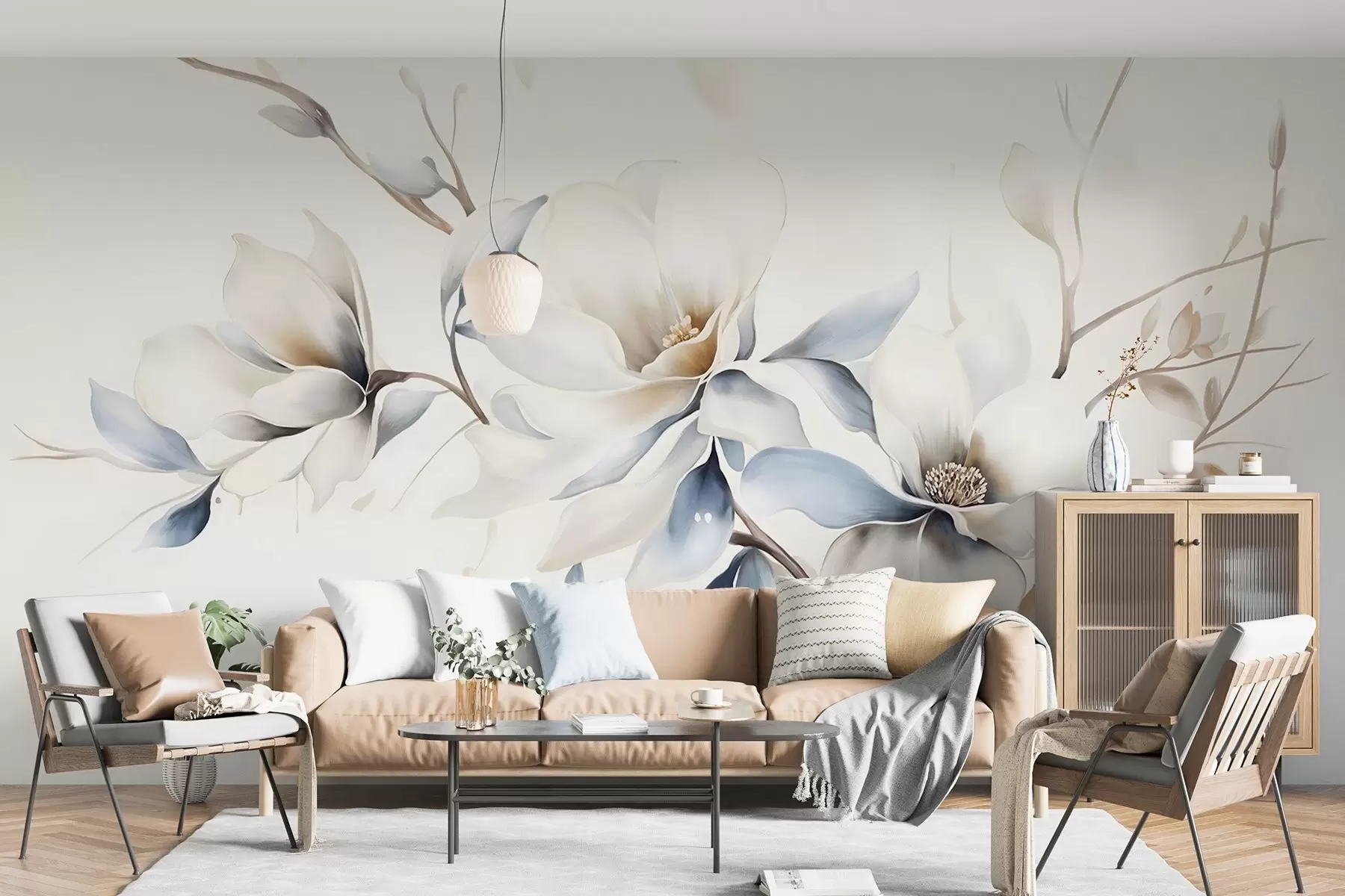 wall murals Delicate white magnolia flowers with soft blue petals against a light background watercolor imitation minimalism w08644