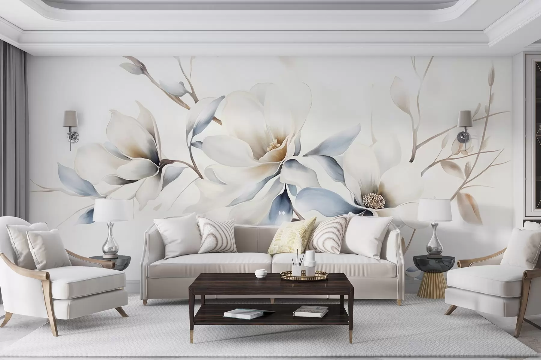 wall murals Delicate white magnolia flowers with soft blue petals against a light background watercolor imitation minimalism w08644