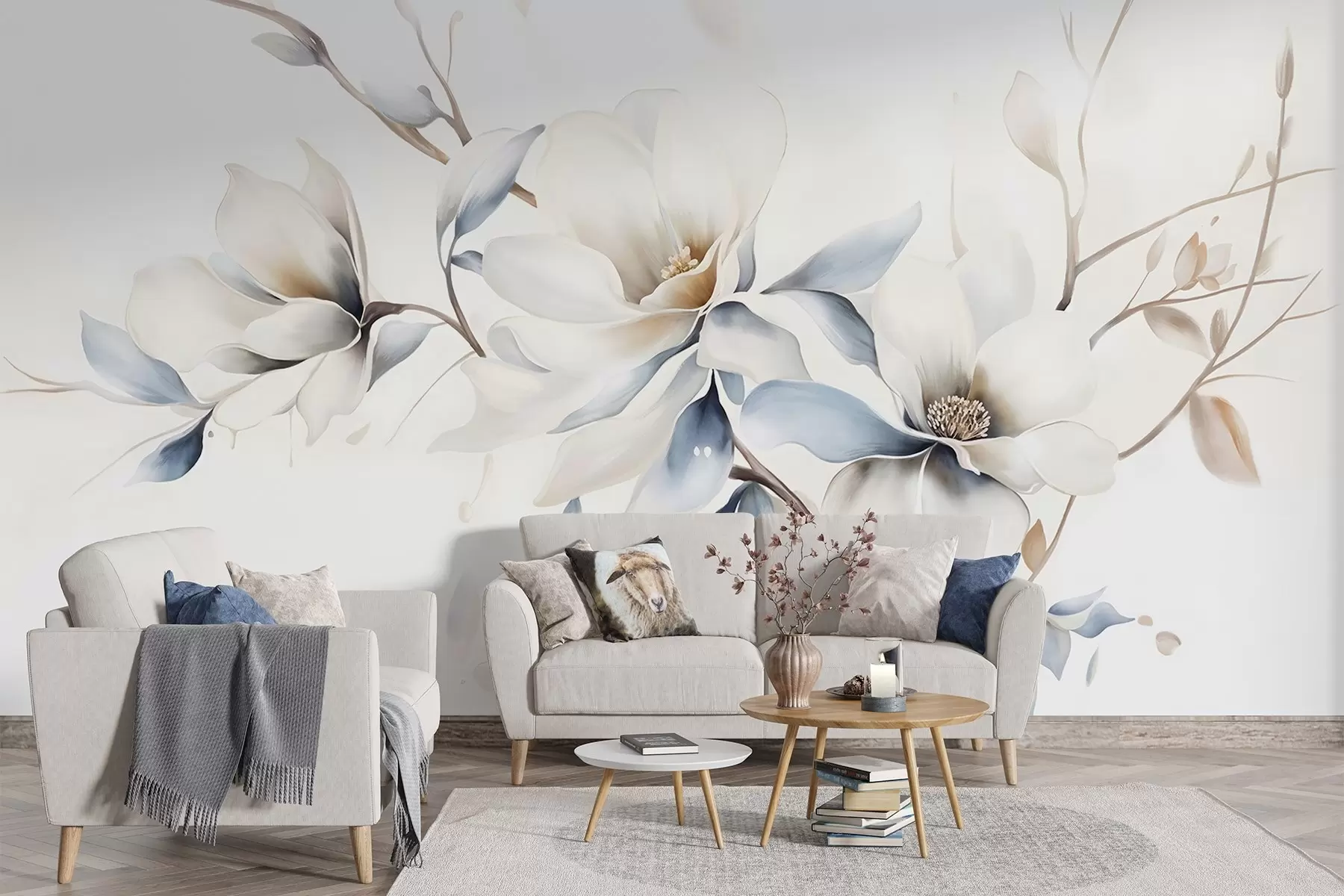 wall murals Delicate white magnolia flowers with soft blue petals against a light background watercolor imitation minimalism w08644