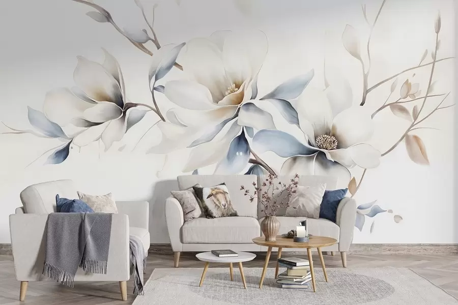 wall murals Delicate white magnolia flowers with soft blue petals against a light background watercolor imitation minimalism w08644