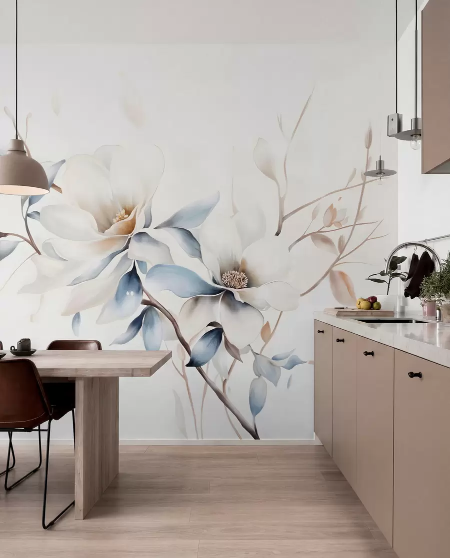 wall murals Delicate white magnolia flowers with soft blue petals against a light background watercolor imitation minimalism w08644