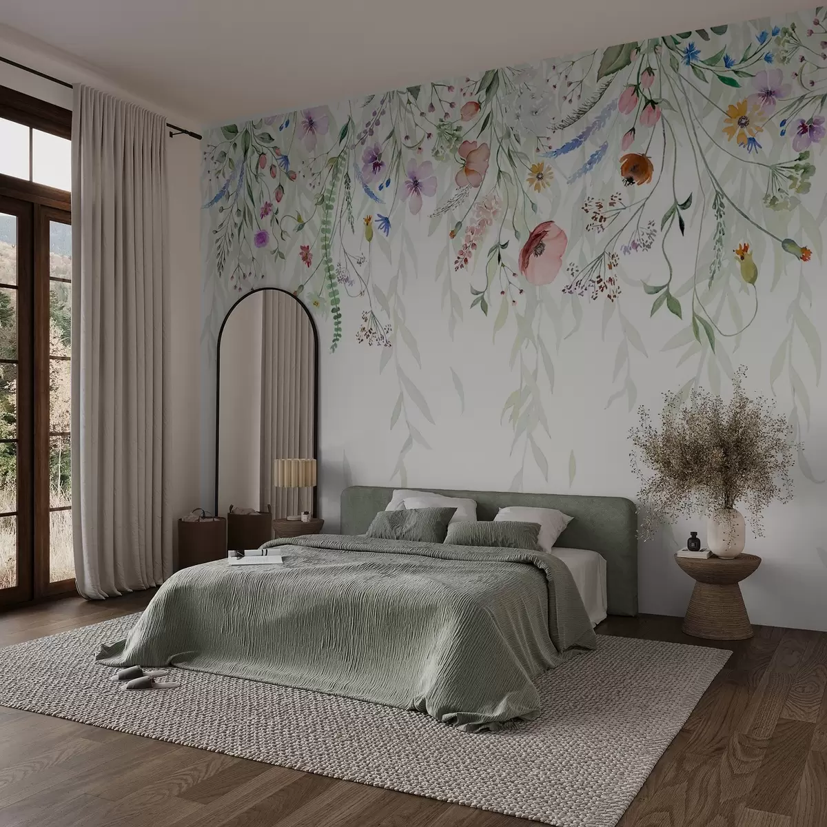 wall murals A colorful floral print cascading down with various flowers, leaves, and plants in a watercolor style w08646