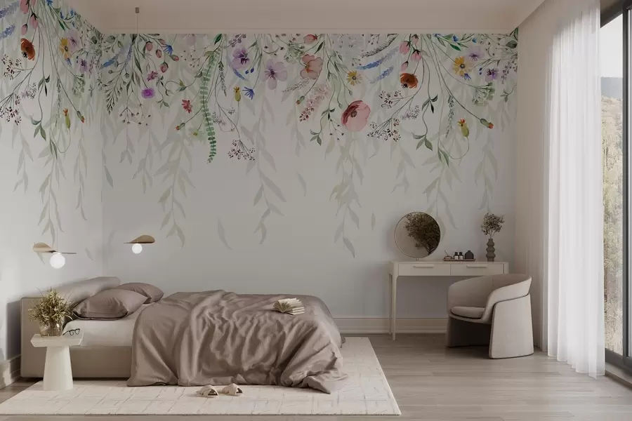 wall murals A colorful floral print cascading down with various flowers, leaves, and plants in a watercolor style w08646