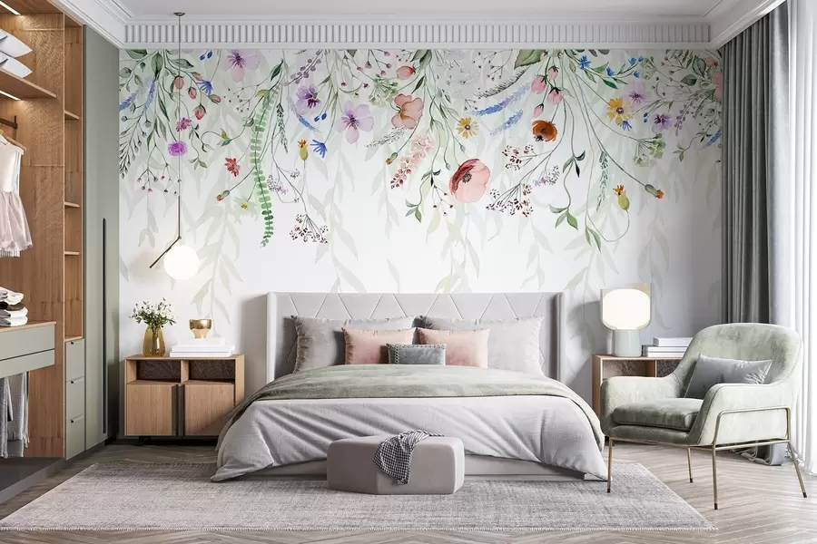 wall murals A colorful floral print cascading down with various flowers, leaves, and plants in a watercolor style w08646