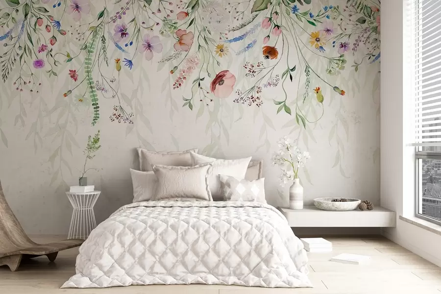 wall murals A colorful floral print cascading down with various flowers, leaves, and plants in a watercolor style w08646