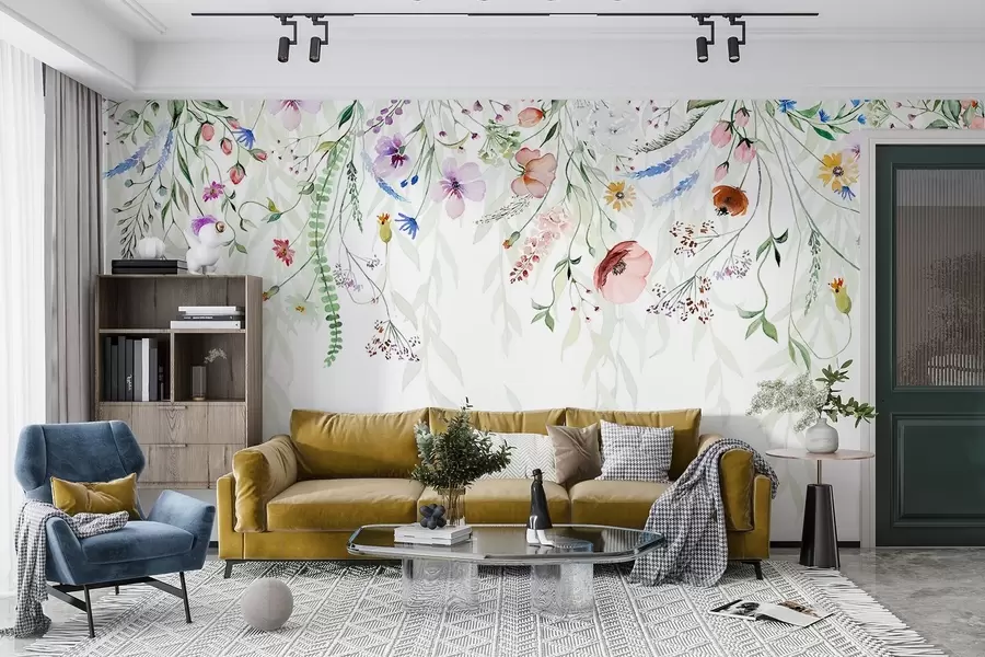 wall murals A colorful floral print cascading down with various flowers, leaves, and plants in a watercolor style w08646