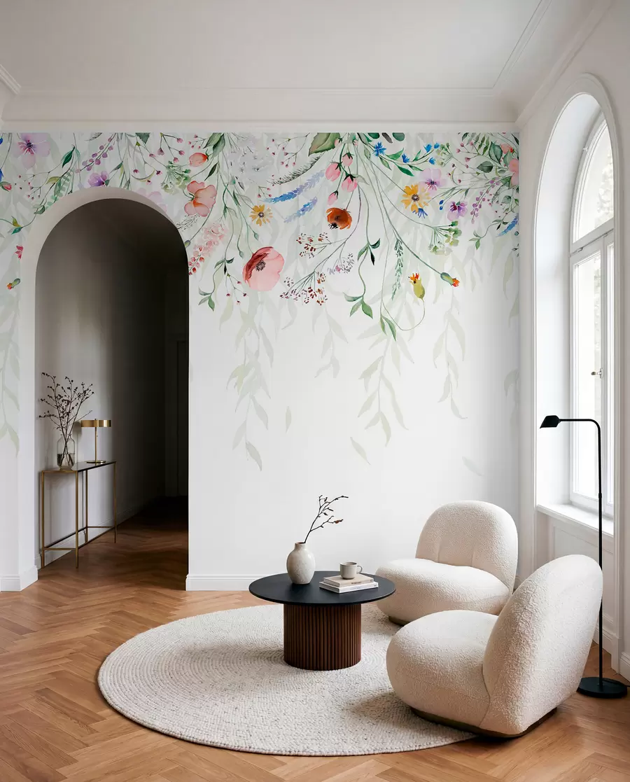 wall murals A colorful floral print cascading down with various flowers, leaves, and plants in a watercolor style w08646