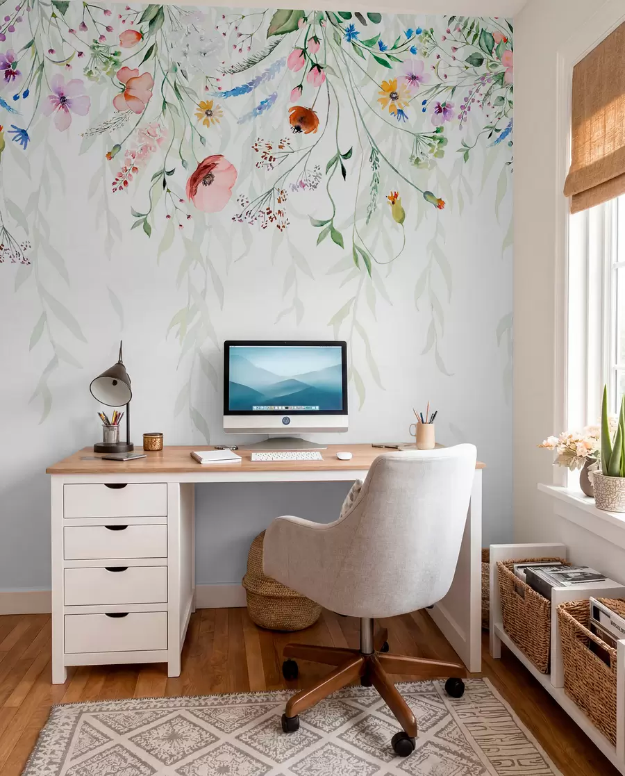 wall murals A colorful floral print cascading down with various flowers, leaves, and plants in a watercolor style w08646