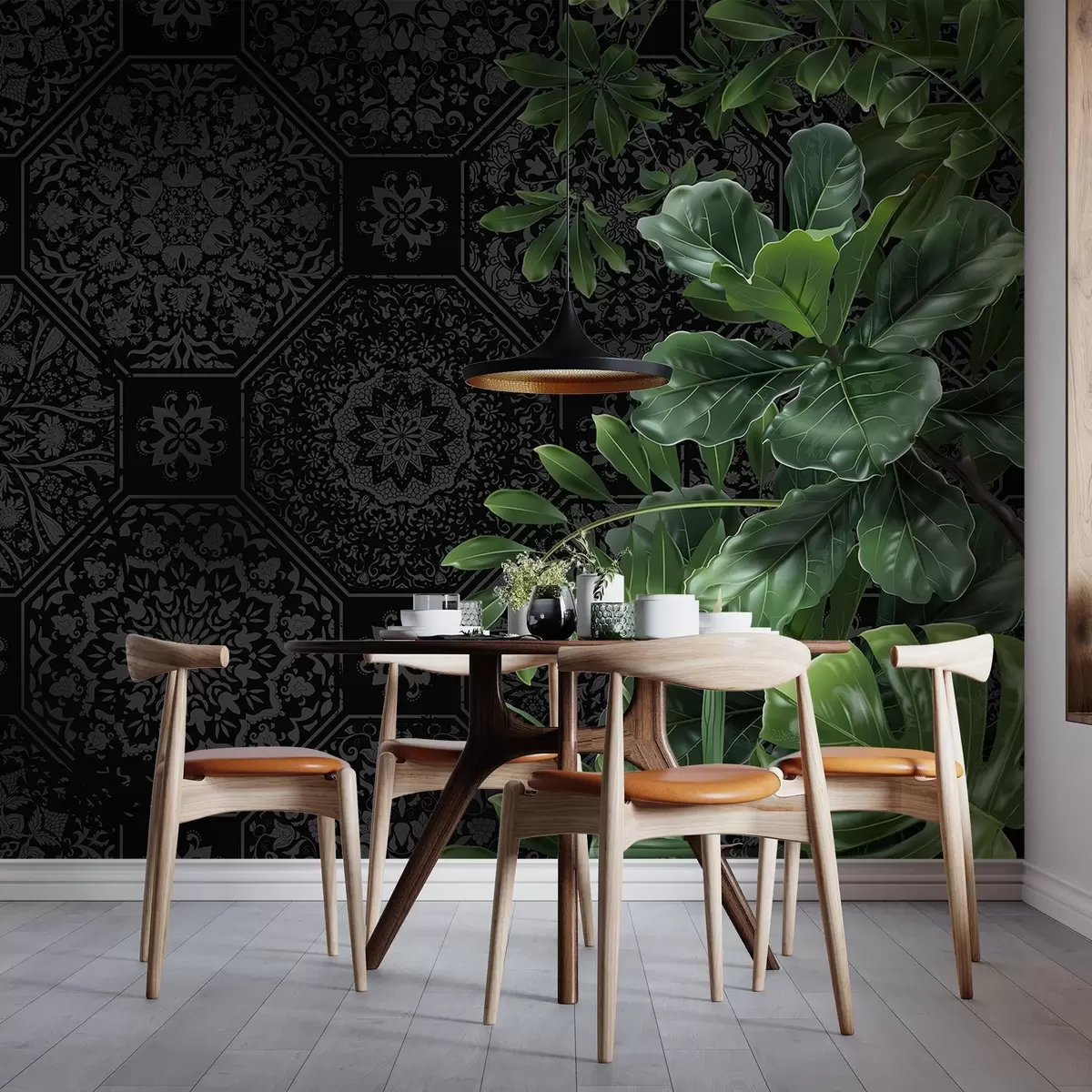 wall murals A dark, ornate cracked abstract pattern on a black background, contrasted with lush green tropical leaves w08647