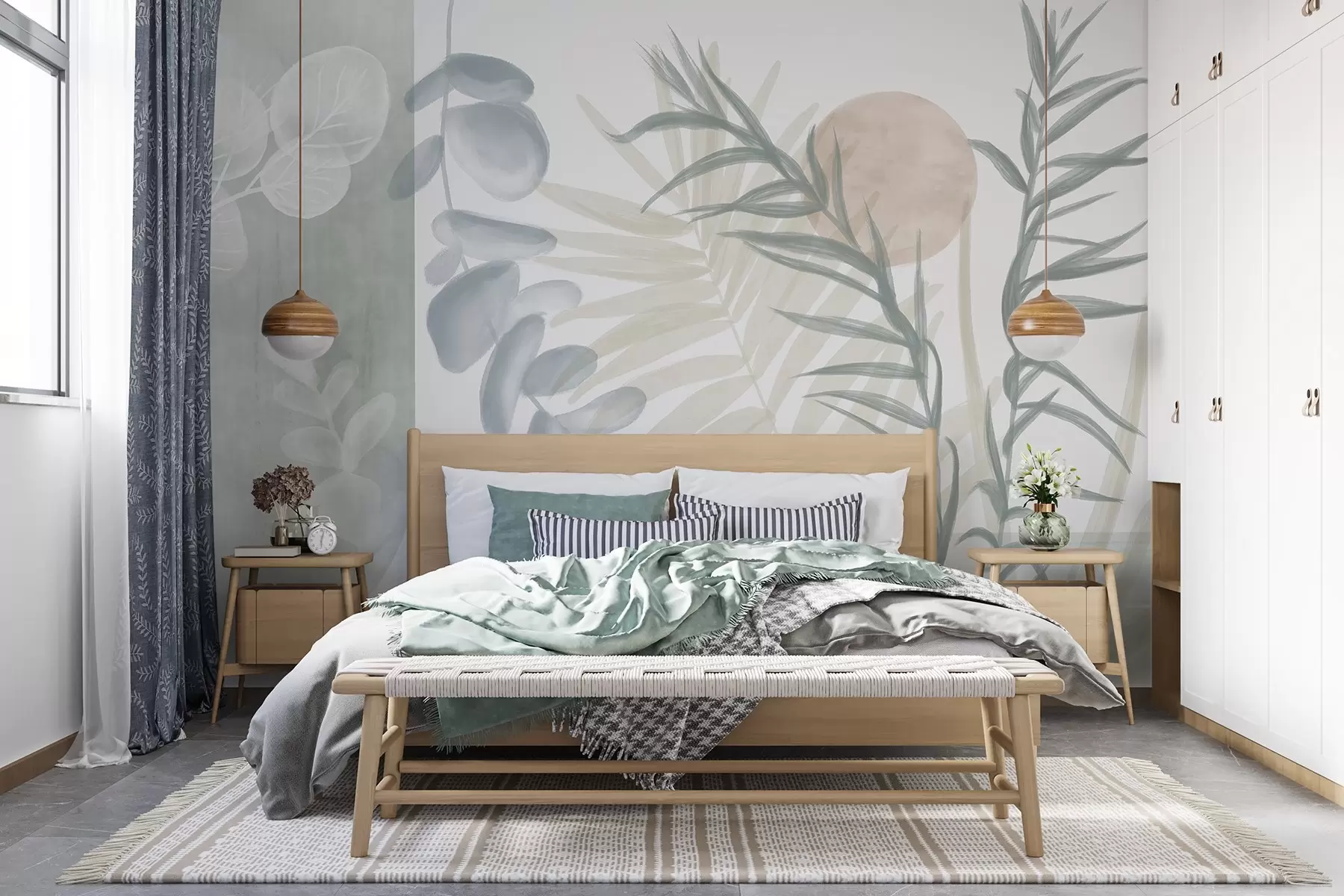 wall murals A minimalist abstract print with stylized leaves and eucaliptus with soft, blue organic shapes in muted pastel colors w08648v1