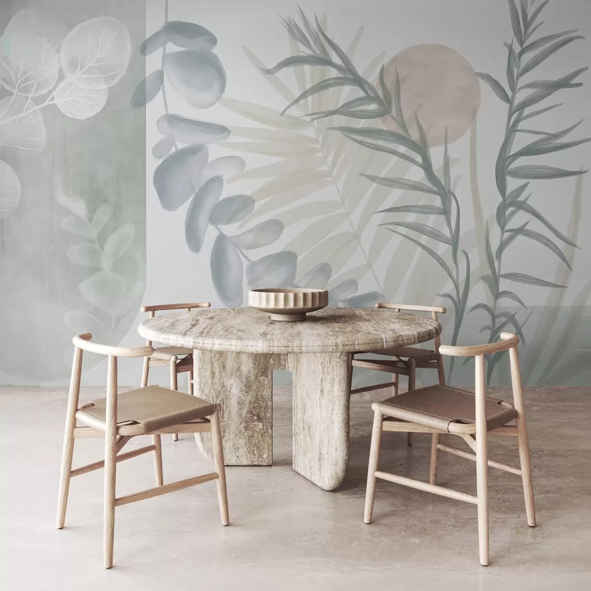 wall murals A minimalist abstract print with stylized leaves and eucaliptus with soft, blue organic shapes in muted pastel colors w08648v1