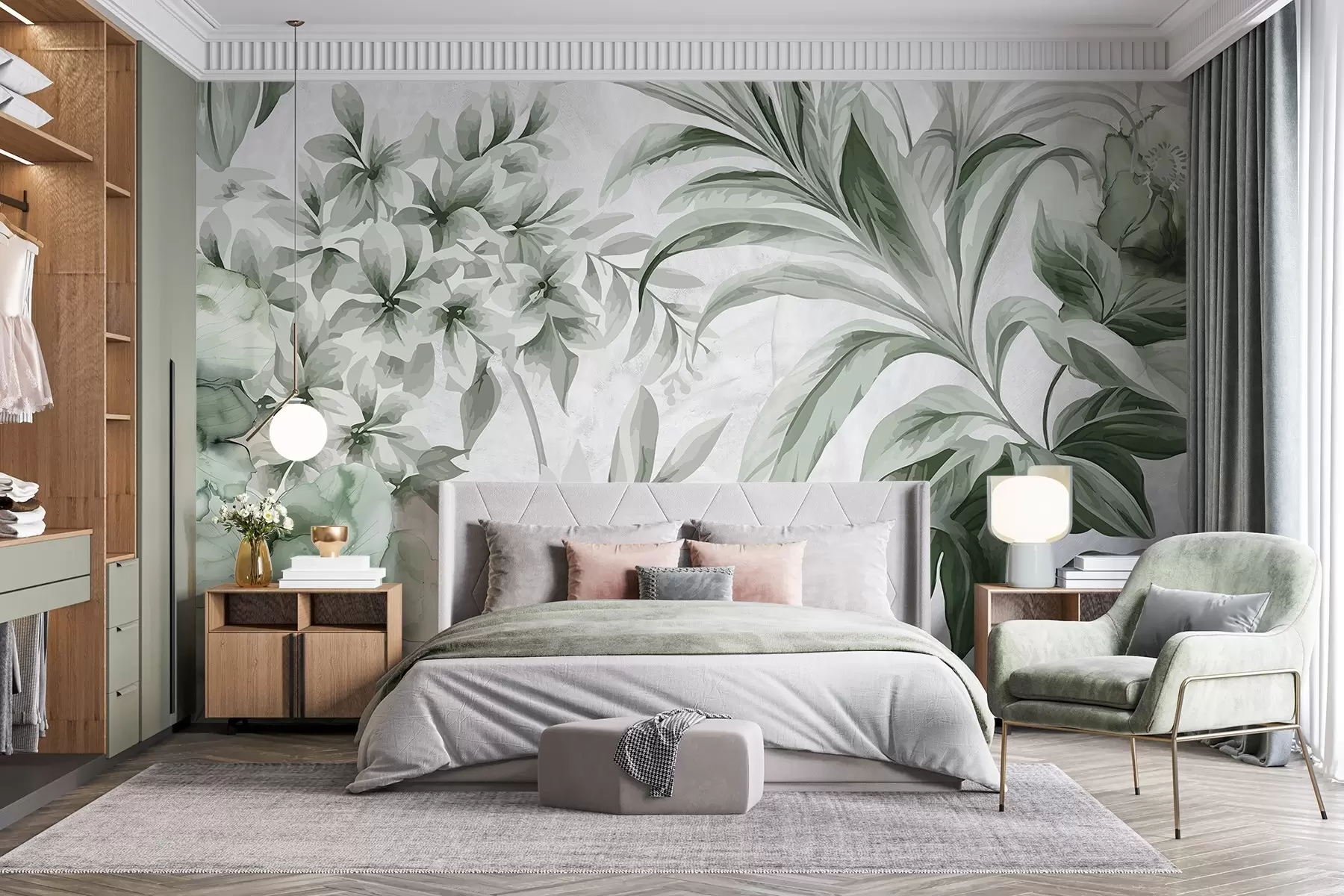 wall murals Tropical leaves and foliage in a muted palette ranging from light to dark shades of green on textured light background w08650
