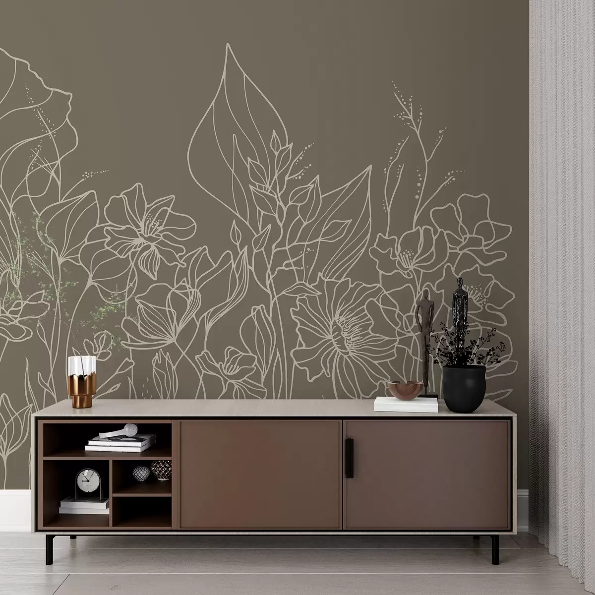 wall murals Elegant Floral Line Art on Olive Background w02773