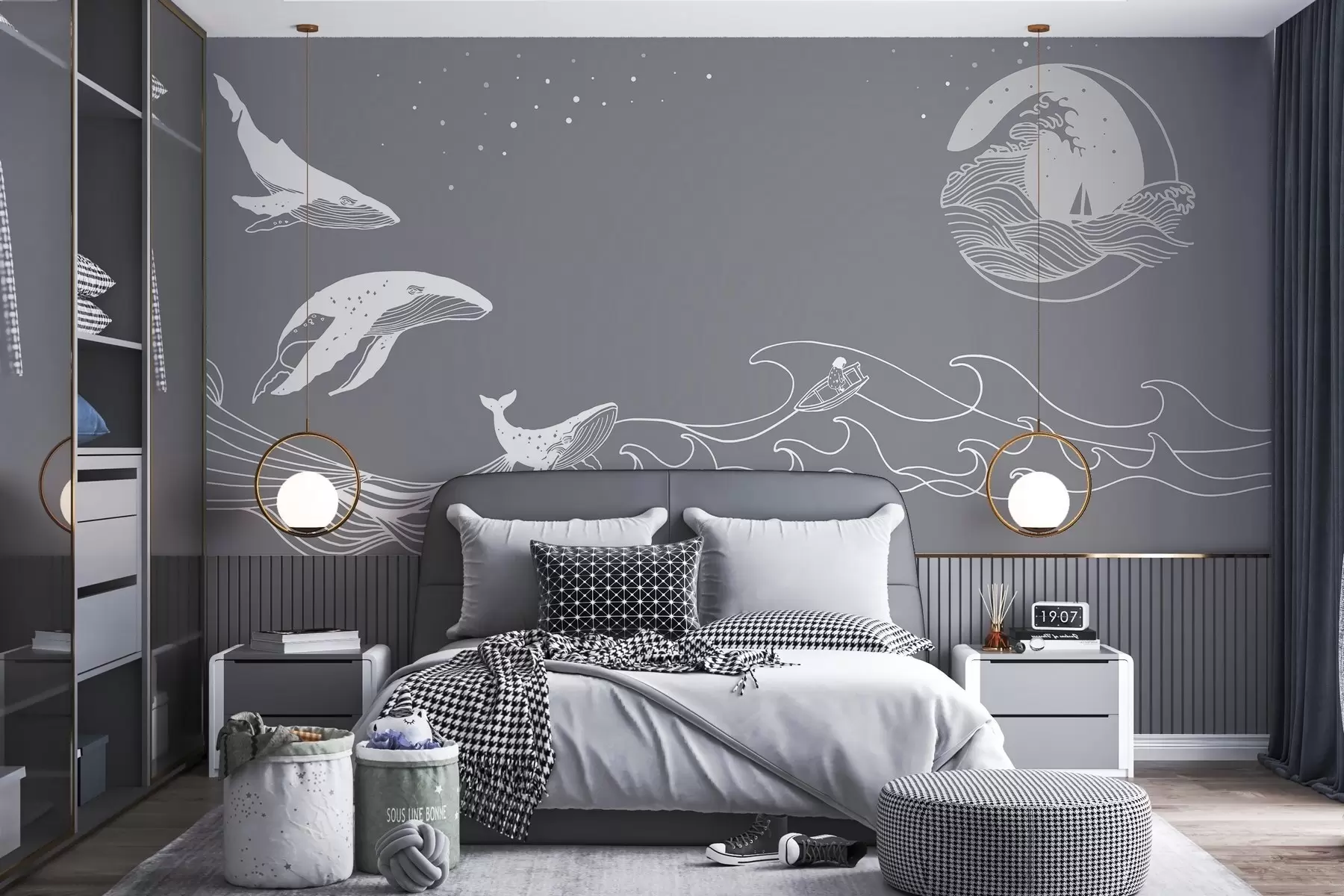 wall murals Whales and Waves in Minimalist Line Art w02774v1