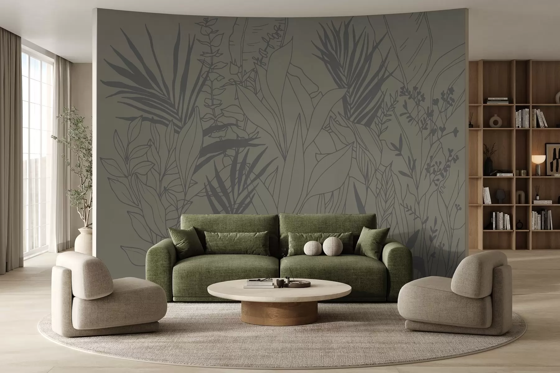 wall murals Botanical line art in olive shades w02775v3