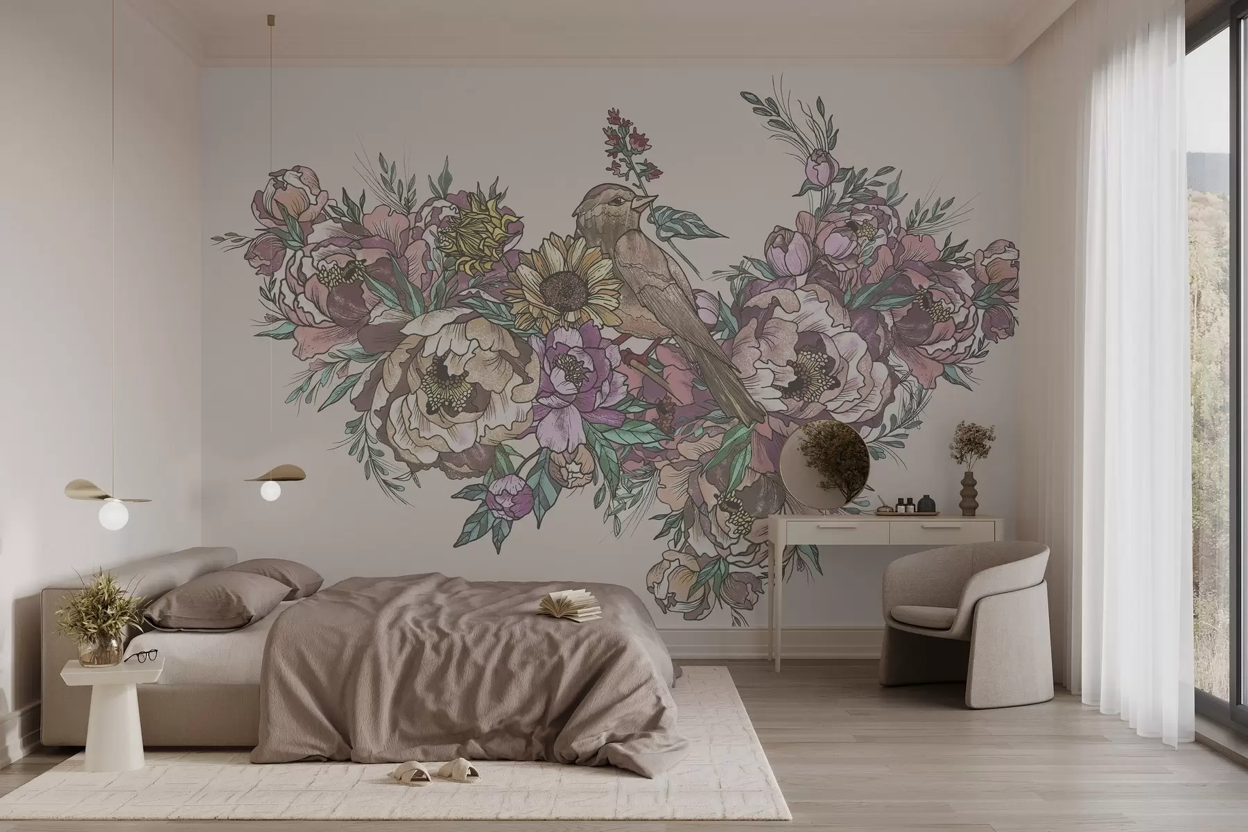 wall murals Vintage Bird and Floral Illustration w02833