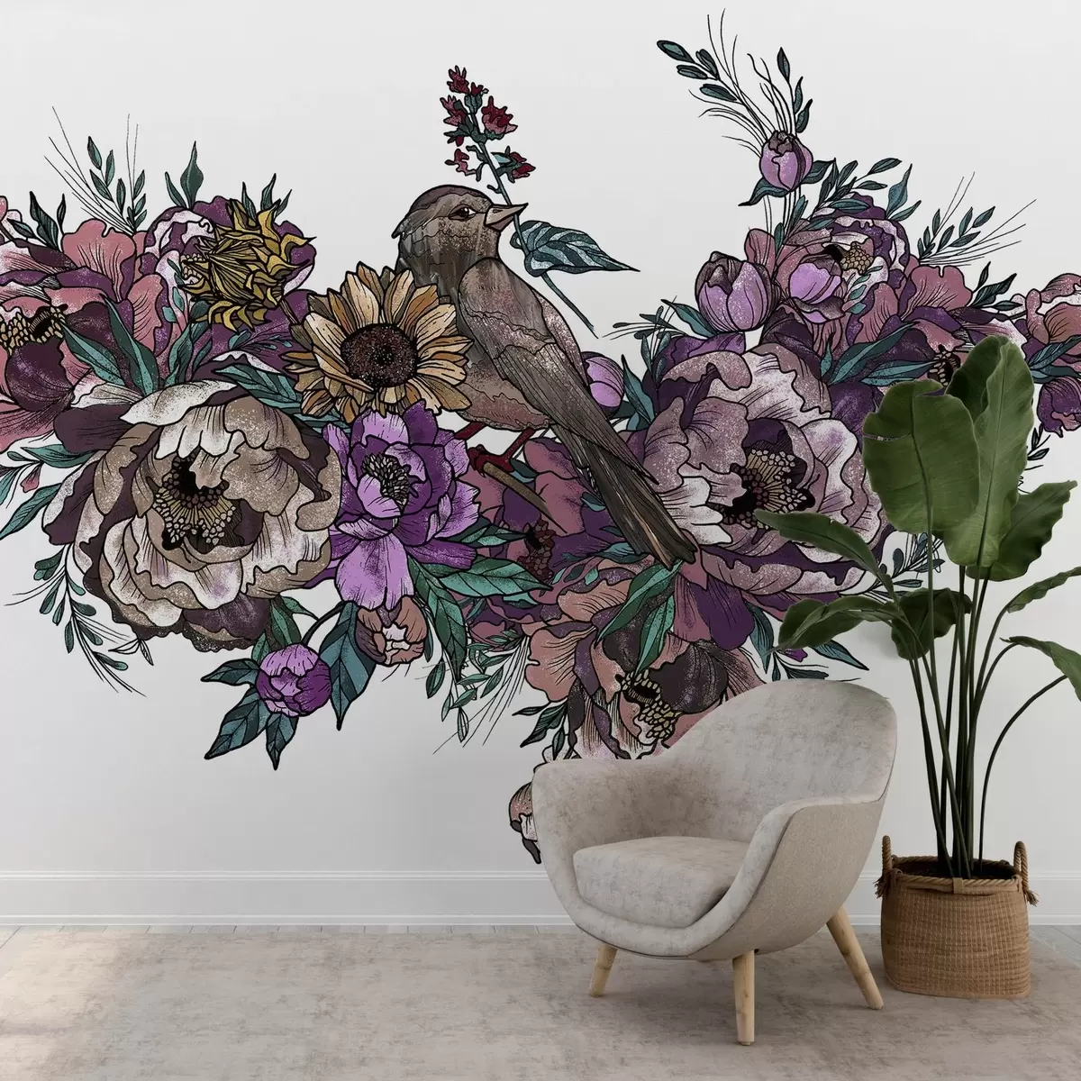 wall murals Colorful Floral and Bird Illustration on White w02833v2