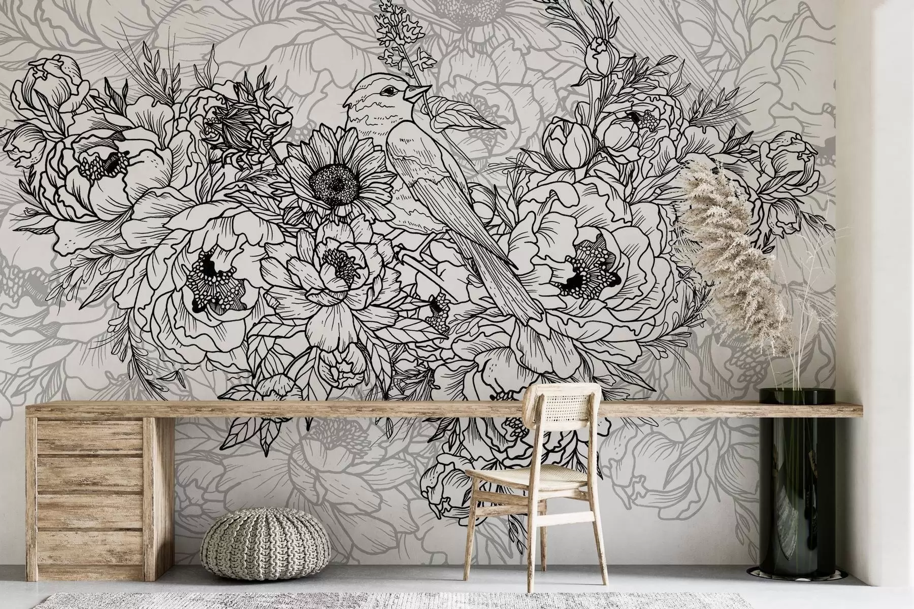 wall murals Intricate Bird and Floral Linework w02835