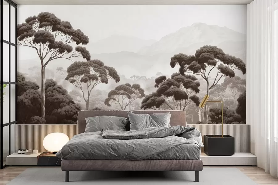 wall murals Jungle forest, mountains, tropical, nature, big trees, brown colors w02739v2