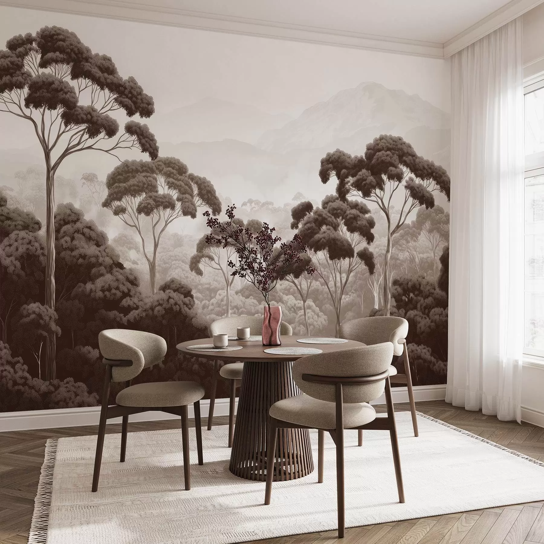 wall murals Jungle forest, mountains, tropical, nature, big trees, brown colors w02739v2
