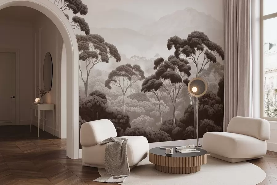 wall murals Jungle forest, mountains, tropical, nature, big trees, brown colors w02739v2