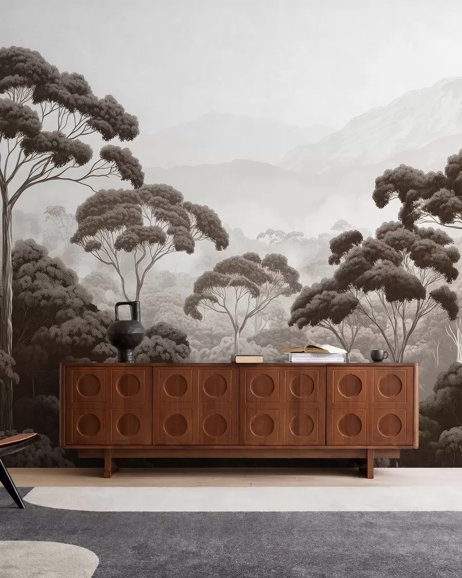 wall murals Jungle forest, mountains, tropical, nature, big trees, brown colors w02739v2