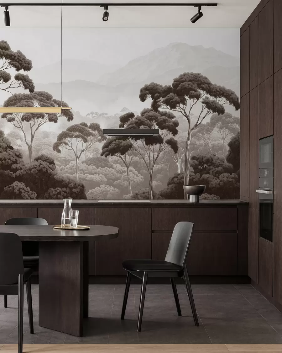 wall murals Jungle forest, mountains, tropical, nature, big trees, brown colors w02739v2