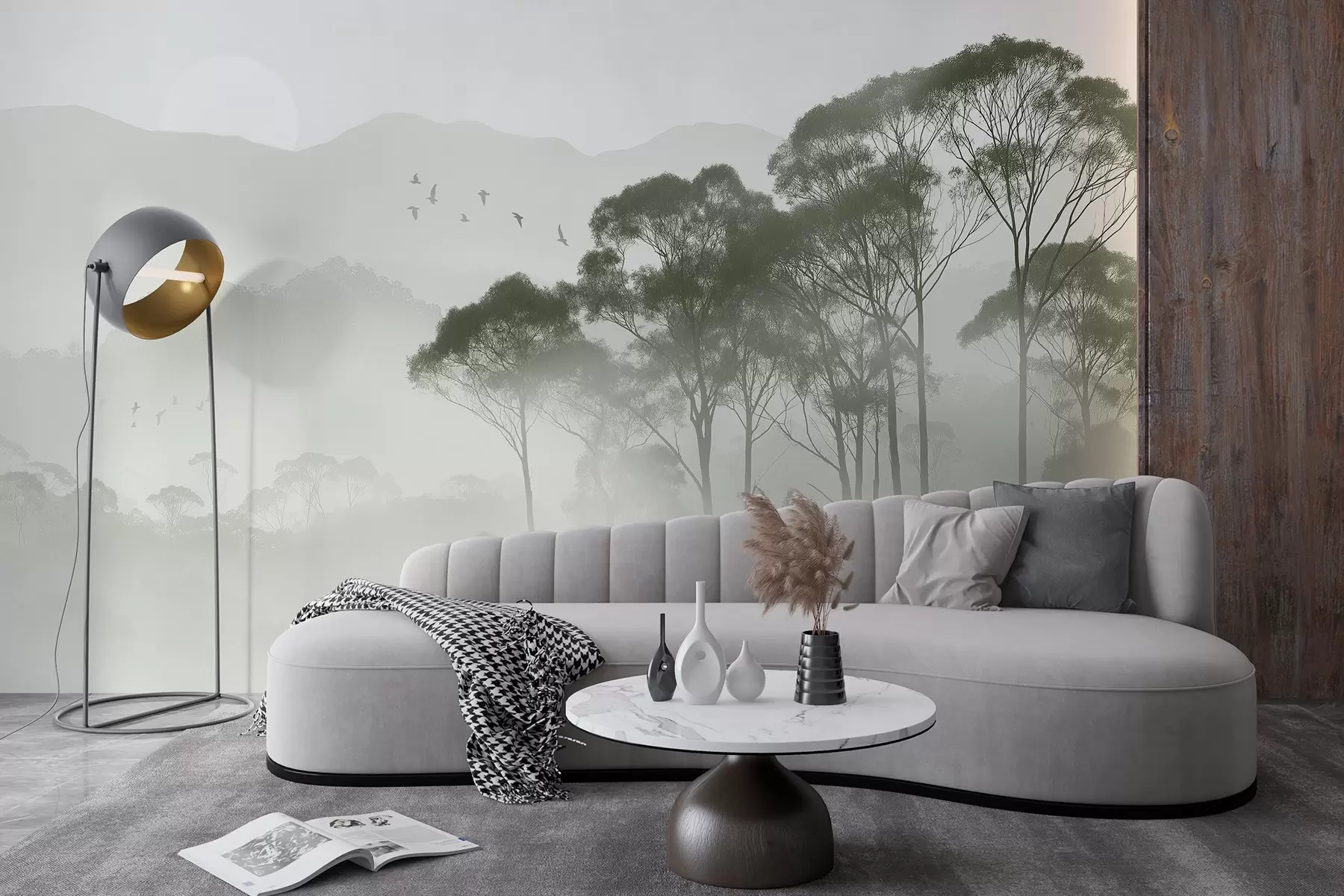 wall murals Trees in the fog, nature landscapes, birds, sun, green colors w02740