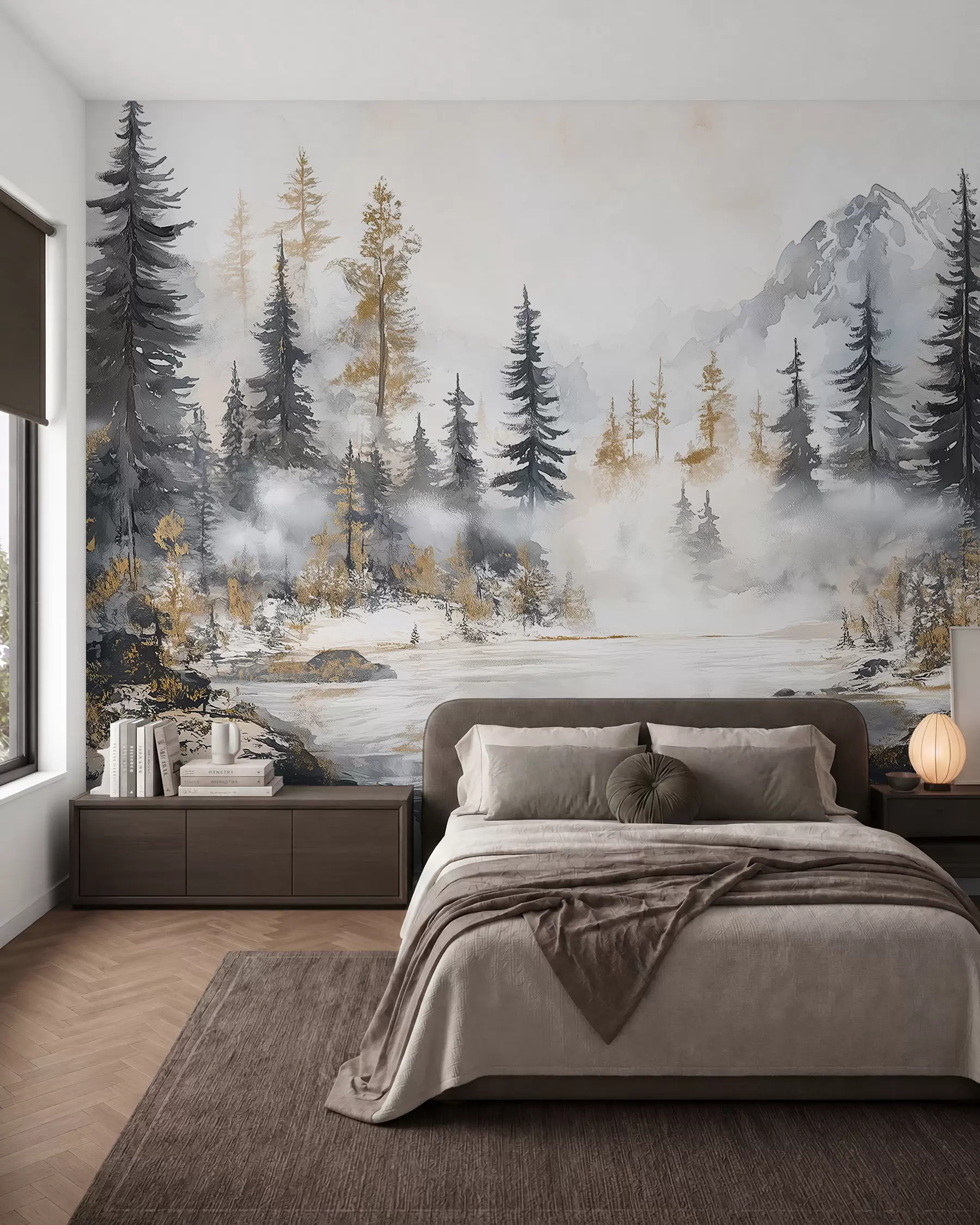 wall murals Winter landscape with lake and forest, mountains, pastel style darwing w02741