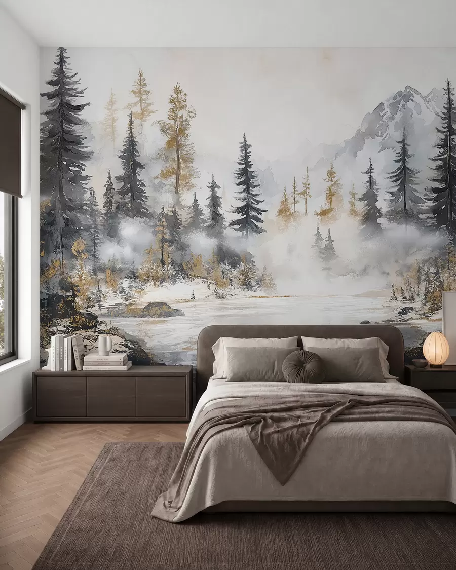 wall murals Winter landscape with lake and forest, mountains, pastel style darwing w02741