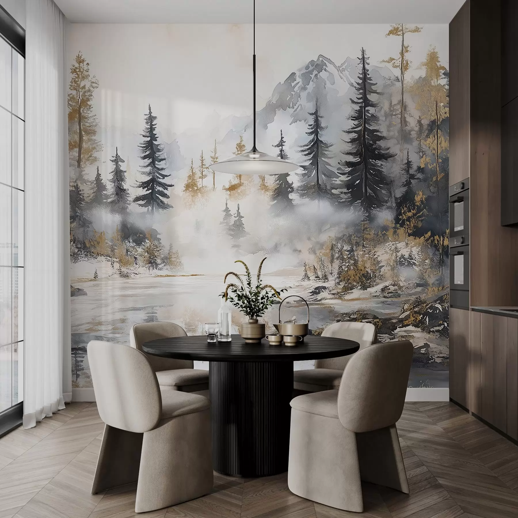 wall murals Winter landscape with lake and forest, mountains, pastel style darwing w02741