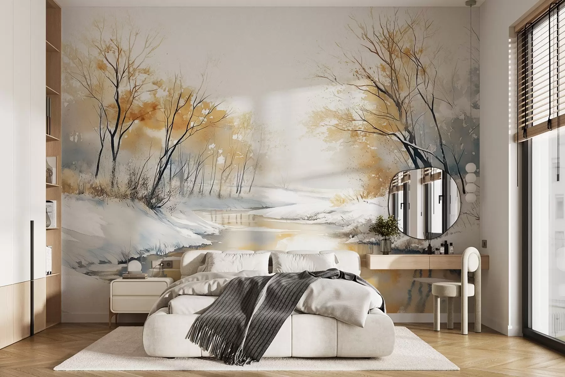 wall murals Winter river landscape with forest, watercolor style drawing w02743