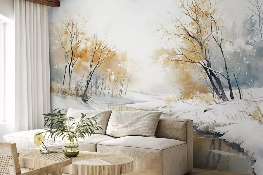 wall murals Winter river landscape with forest, watercolor style drawing w02743