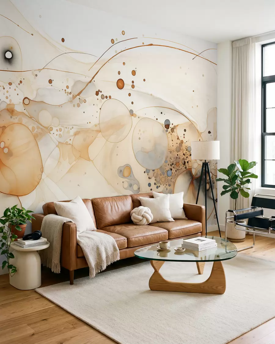 wall murals Abstract ink art, fluid style, beige color palette w02744