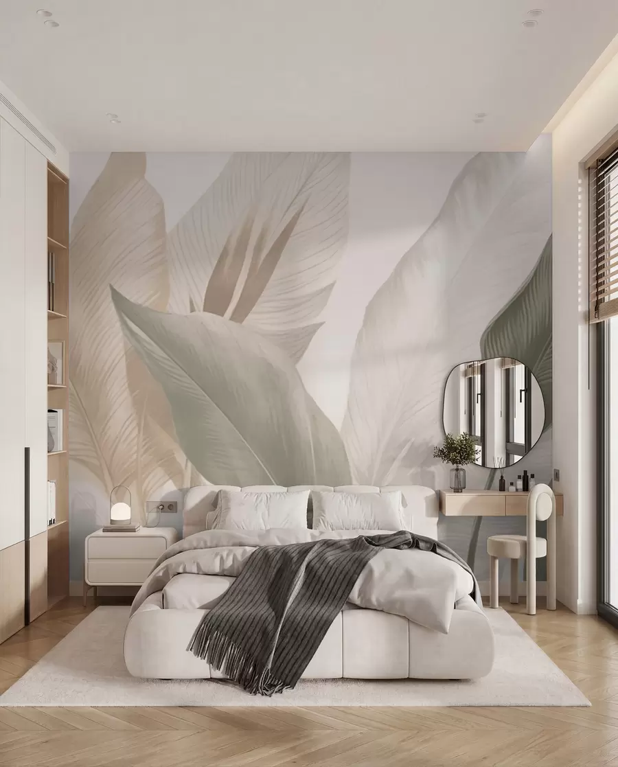 wall murals Tropical leaves in soft beige and green tones, with a watercolor effect and gentle color transitions w02854