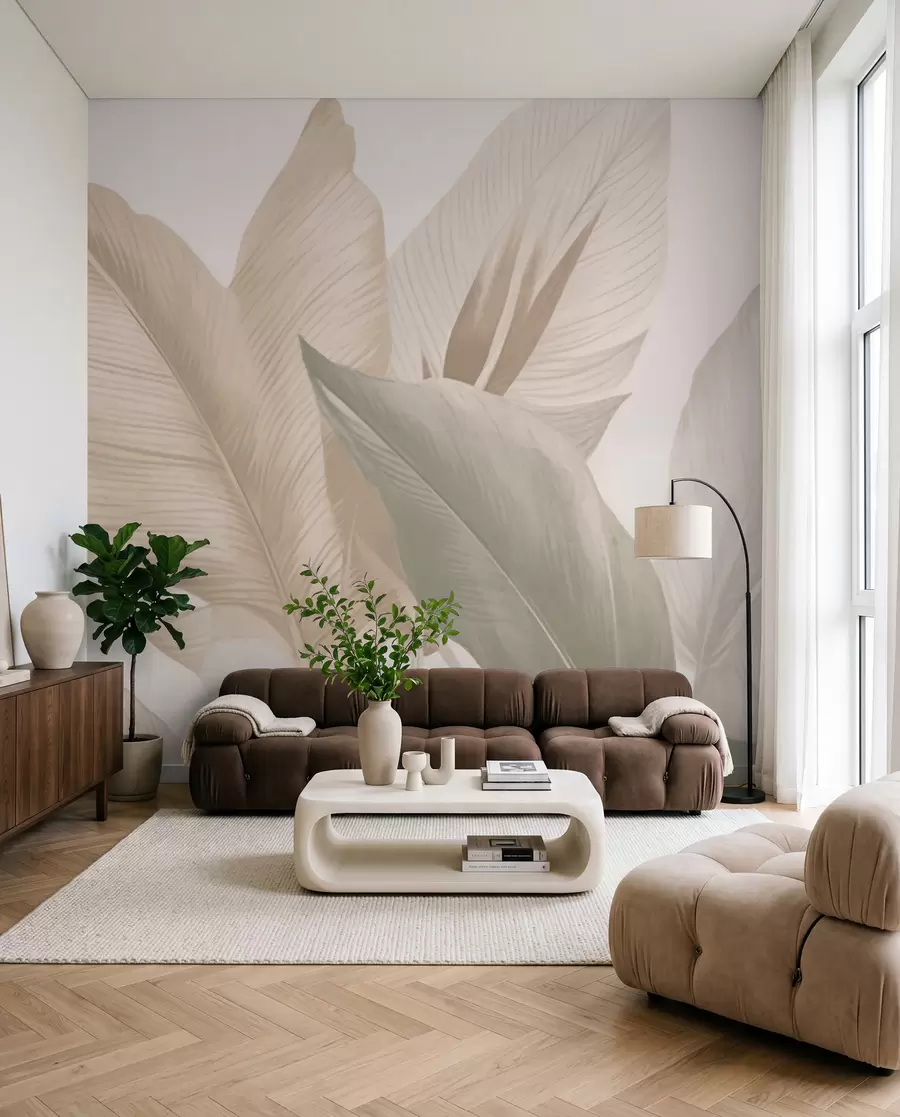 wall murals Tropical leaves in soft beige and green tones, with a watercolor effect and gentle color transitions w02854