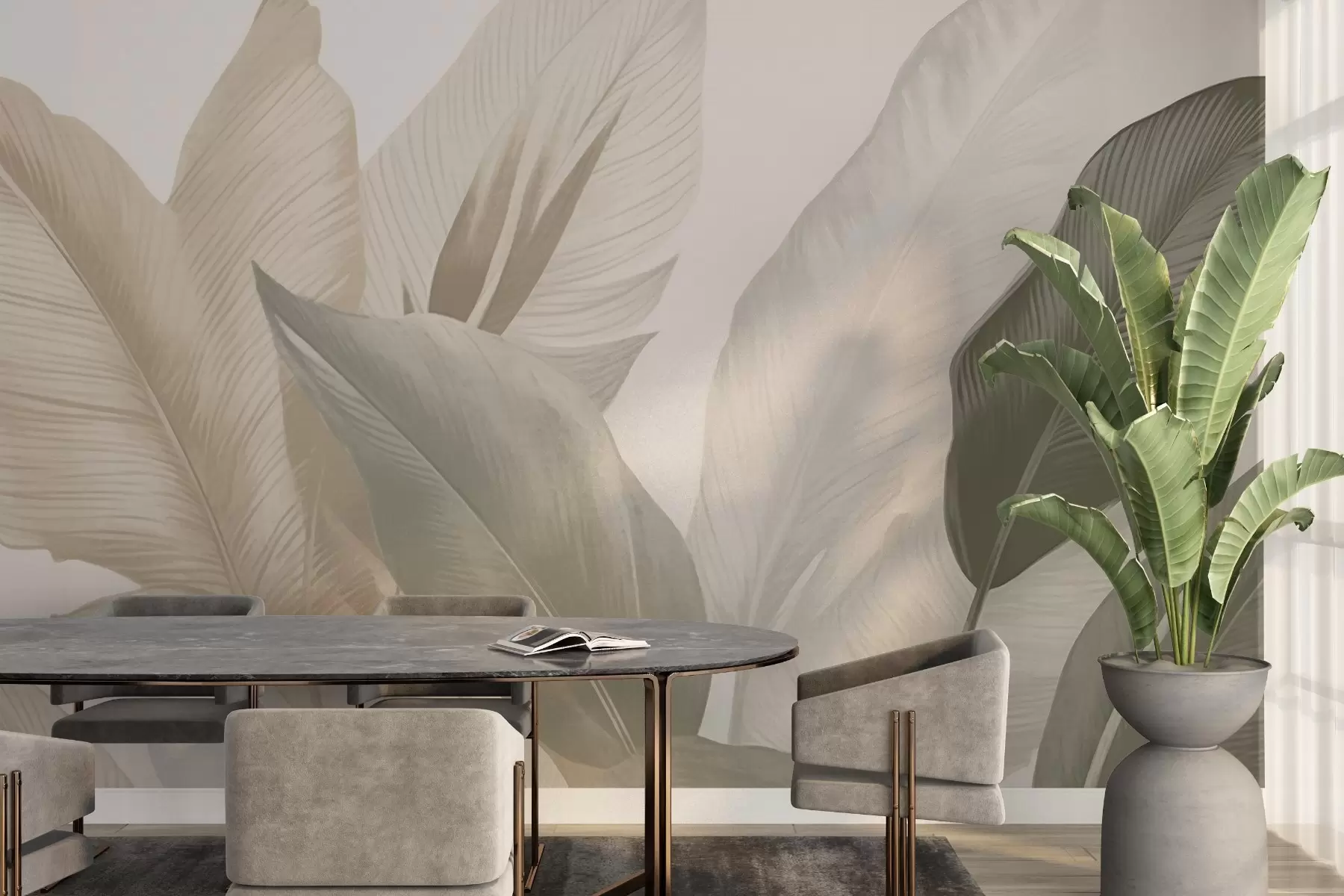 wall murals Tropical leaves in soft beige and green tones, with a watercolor effect and gentle color transitions. w02854