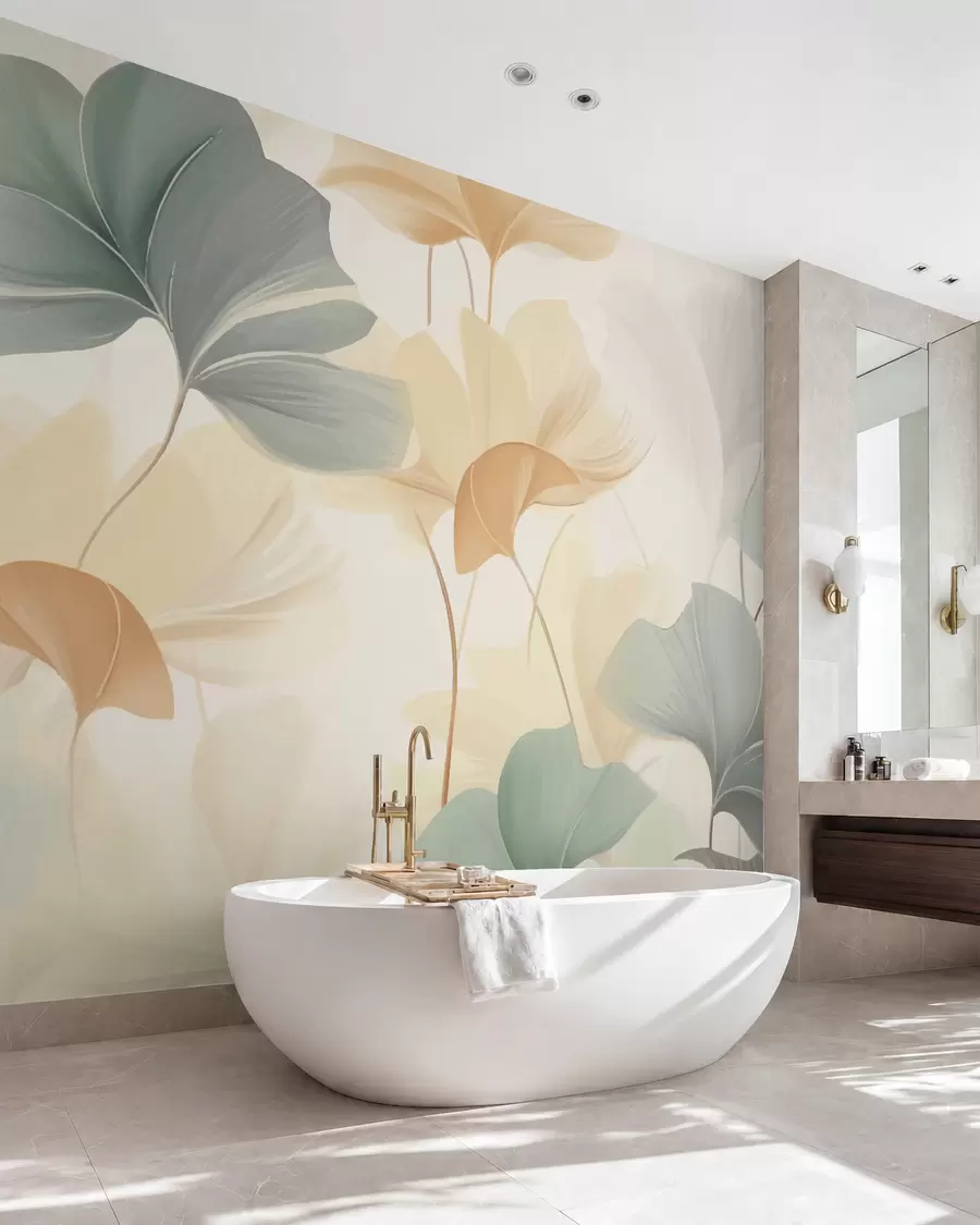 wall murals Pattern of ginkgo leaves in soft pastel tones, blending green, yellow, and cream hues to create a light and airy feel w02855