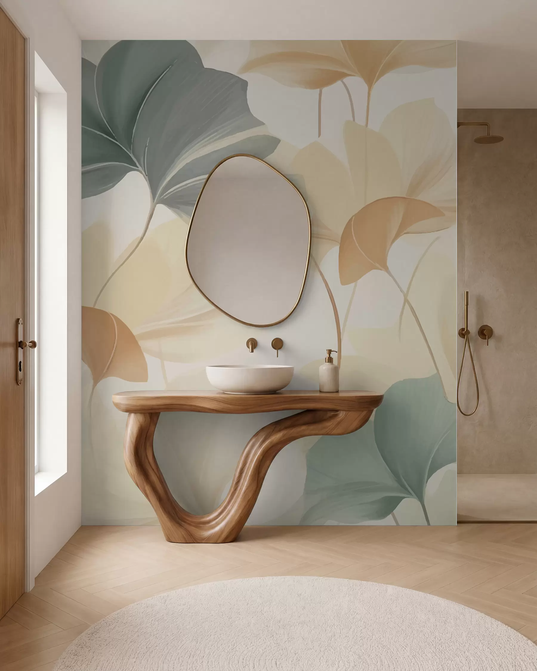 wall murals Pattern of ginkgo leaves in soft pastel tones, blending green, yellow, and cream hues to create a light and airy feel w02855