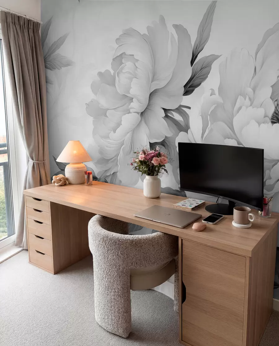 wall murals Luxurious peonies in shades of gray, with delicate details of petals and leaves, creating an elegant and serene atmosphere w02856
